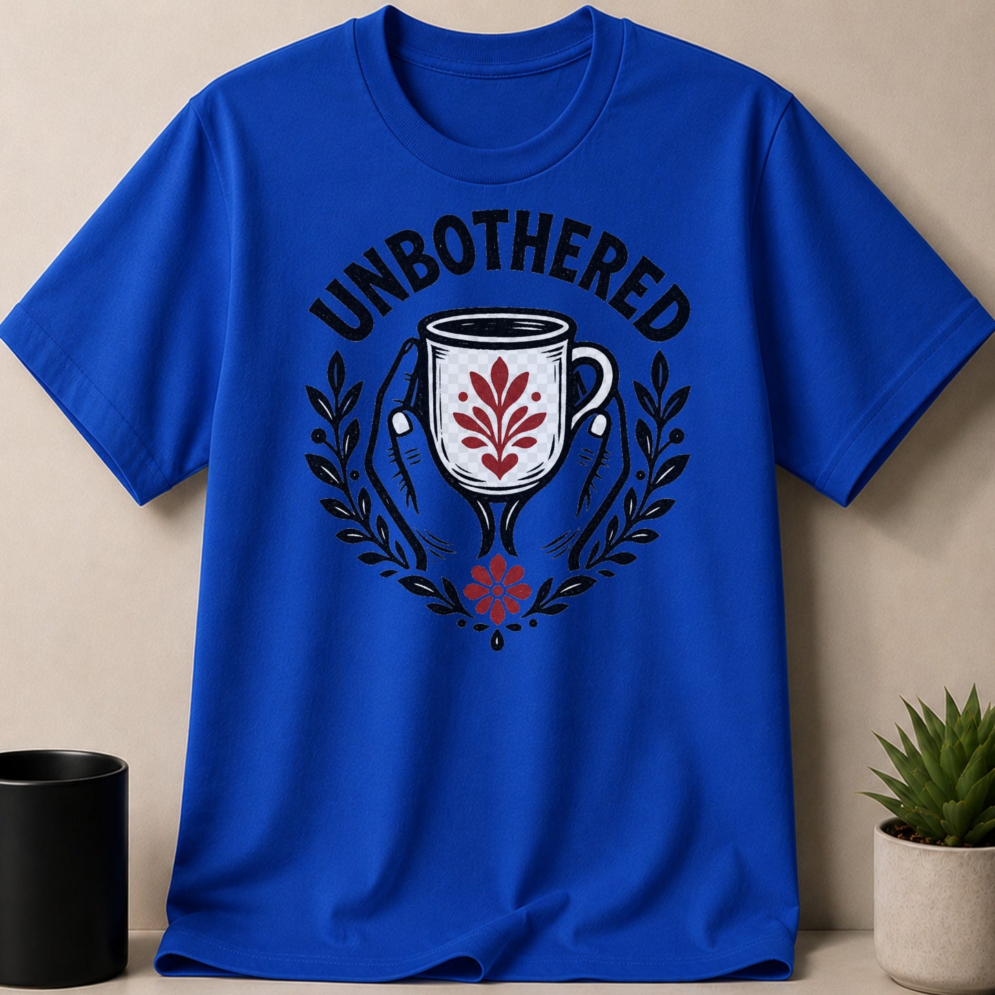 Blue t-shirt with "UNBOTHERED" text surrounding a mug held by hands.
