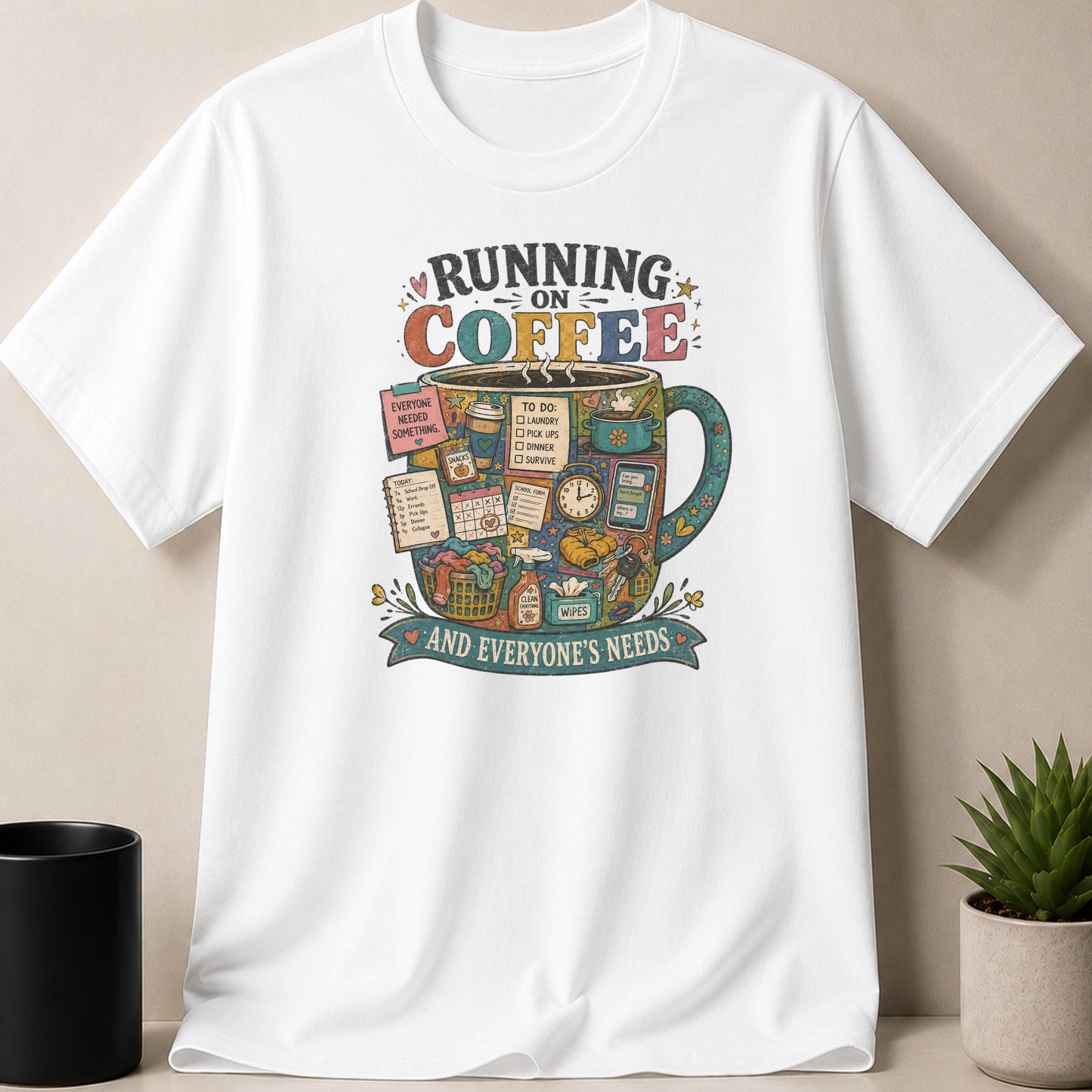 White t-shirt with "Running on Coffee" graphic, featuring a mug filled with daily tasks and items.
