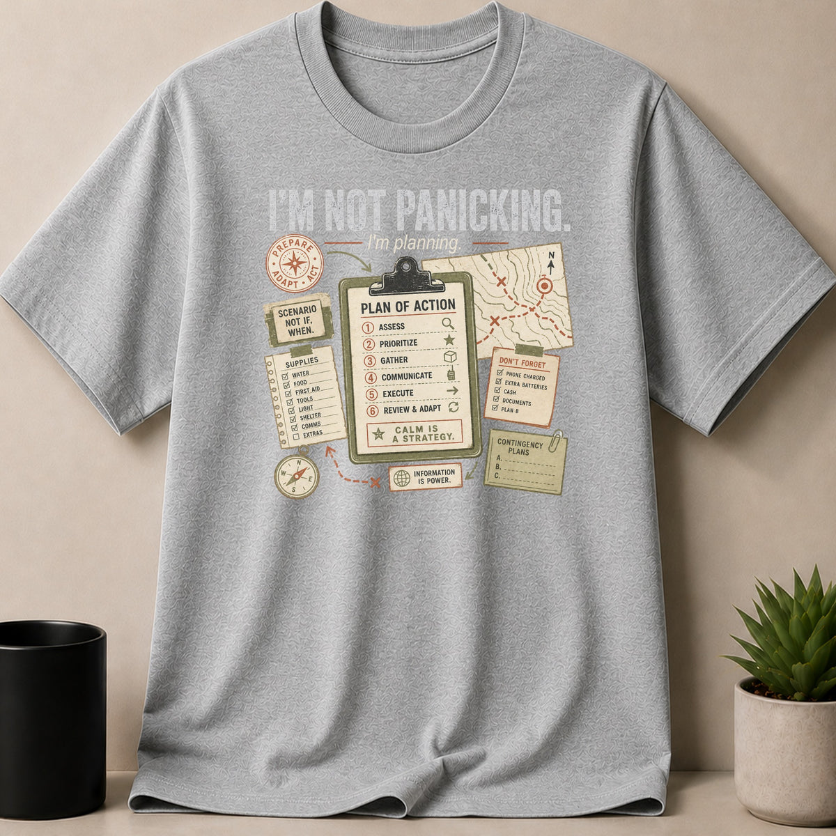 Grey t-shirt with "I'm Not Panicking. I'm Planning." and diagram of emergency plans.