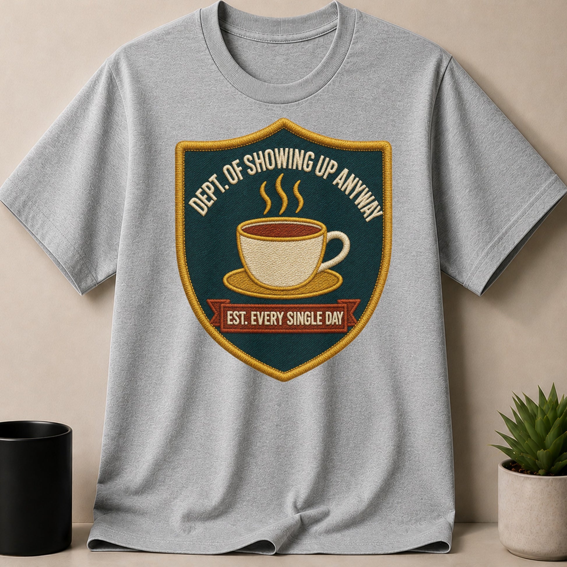 Gray t-shirt with a shield design featuring a coffee cup and text.