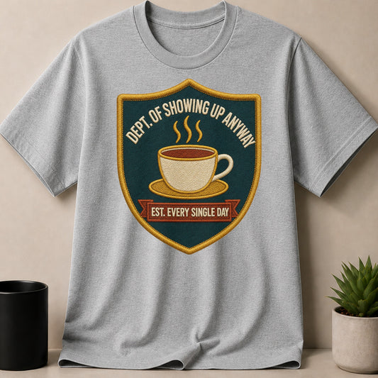 Gray t-shirt with a shield design featuring a coffee cup and text.