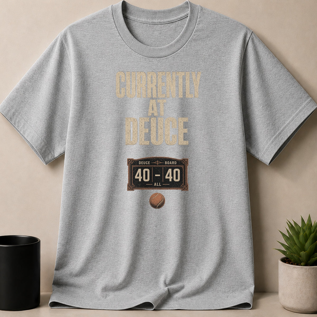 Grey t-shirt with "Currently at Deuce" and tennis scoreboard graphic.