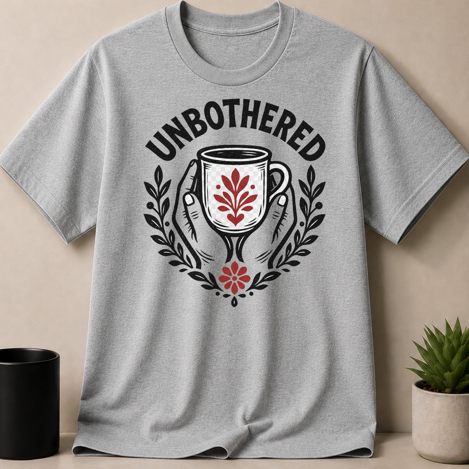 Gray t-shirt with "Unbothered" text, hands holding a mug, and floral design.