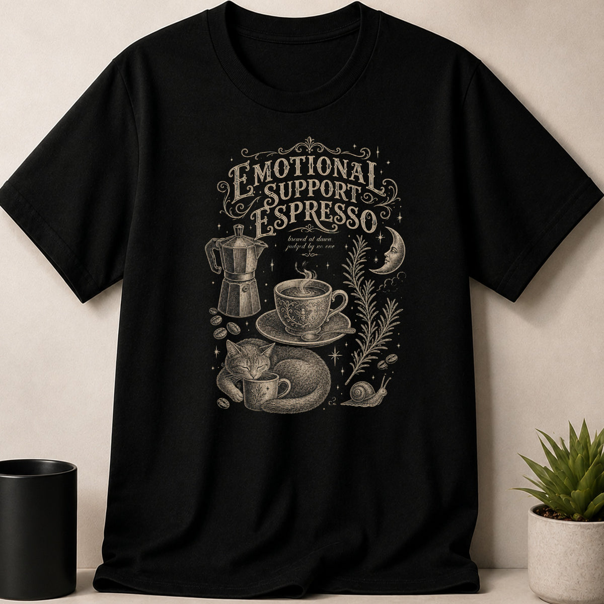 Black t-shirt with "Emotional Support Espresso" and a sleeping cat with coffee.
