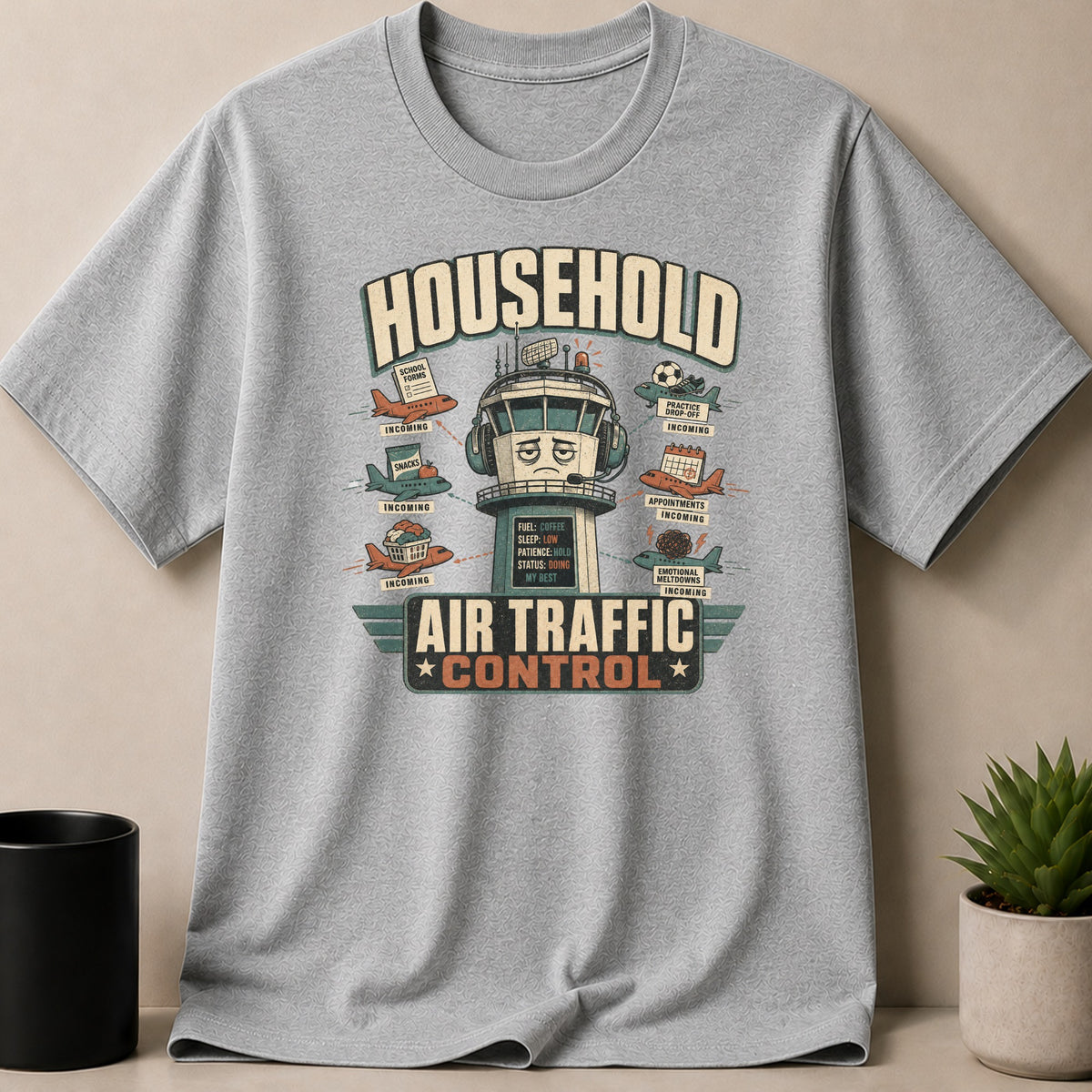 Gray t-shirt with "Household Air Traffic Control" graphic and humorous tasks.