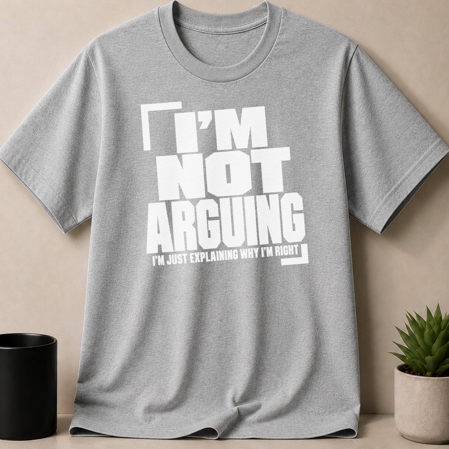 Grey t-shirt with white text "I'm Not Arguing I'm Just Explaining Why I'm Right".