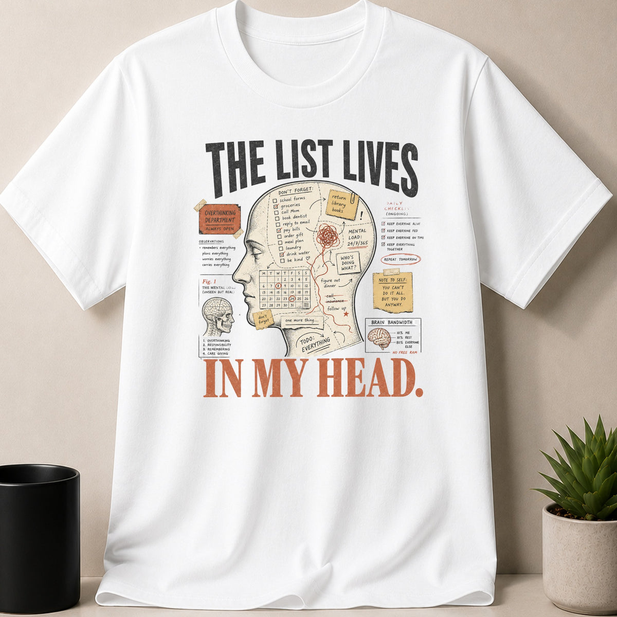 White t-shirt with "The List Lives In My Head" text and a diagram of a brain with overthinking-related lists.