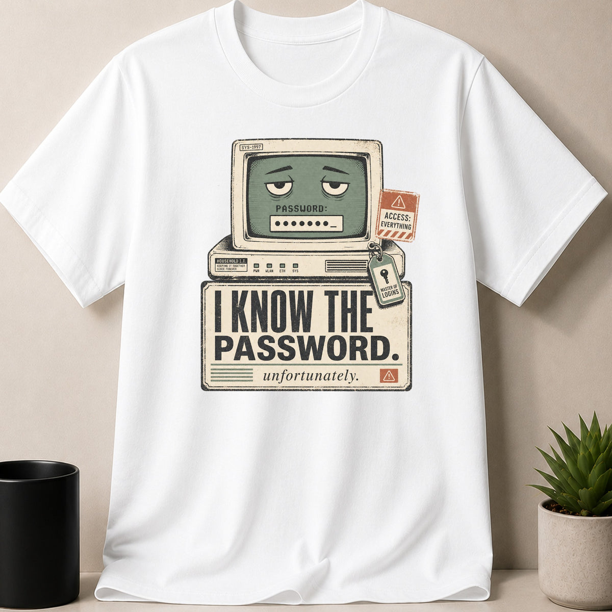 White t-shirt — Graphic t-shirt with retro computer, password entry, and text "I KNOW THE PASSWORD. unfortunately."