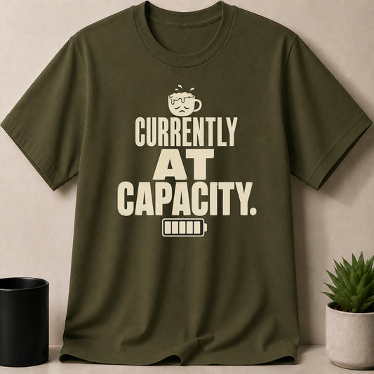 Olive green t-shirt with black text and sad coffee cup graphic.
