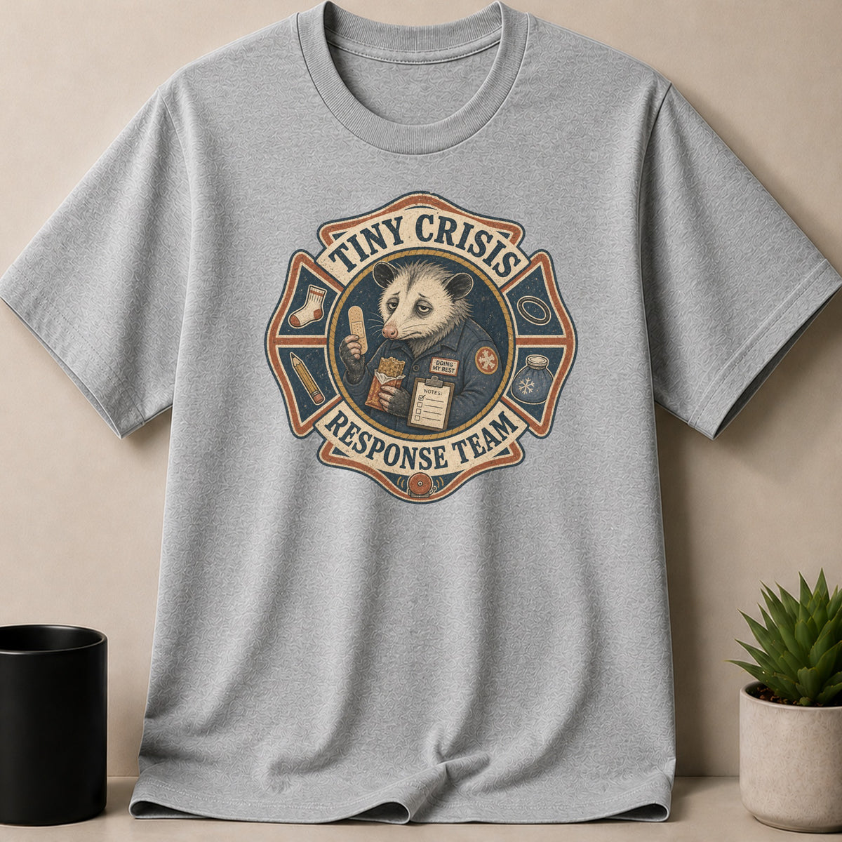 Grey t-shirt with a crest featuring an opossum, "Tiny Crisis Response Team" text.