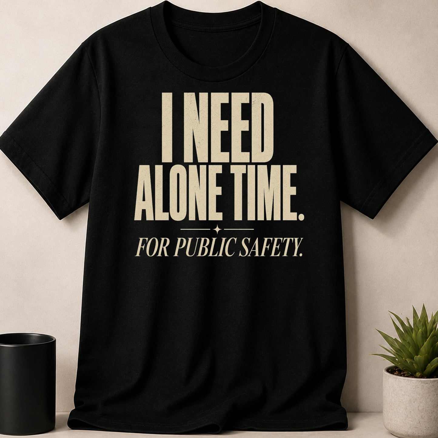 Black t-shirt with text "I NEED ALONE TIME. FOR PUBLIC SAFETY."