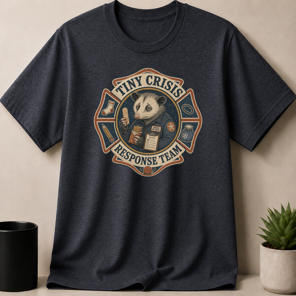 Dark Heather t-shirt — Graphic tee with an opossum wearing a badge that says "Tiny Crisis Response Team."