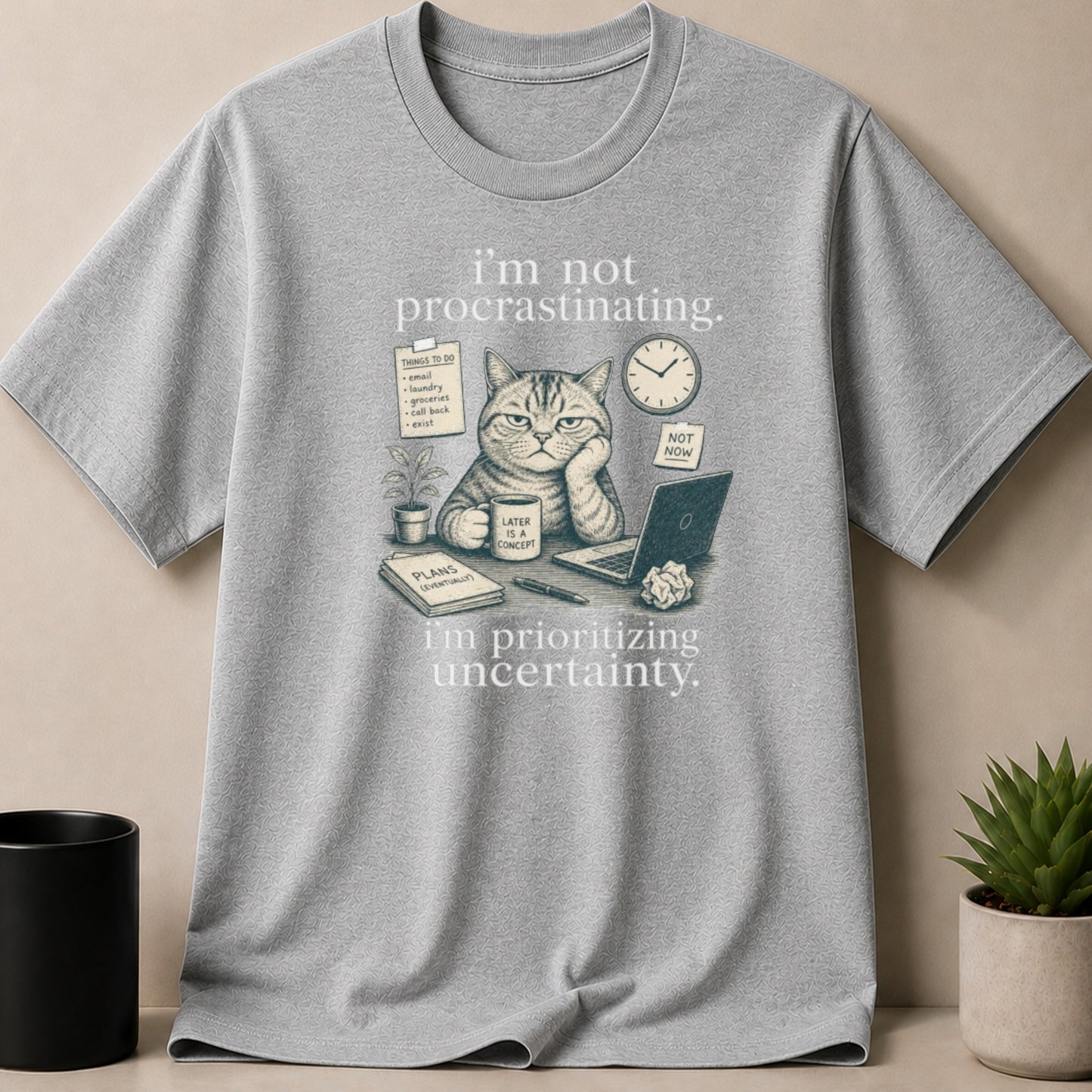 Gray t-shirt with a cat at a desk graphic and text "I'm not procrastinating. I'm prioritizing uncertainty."
