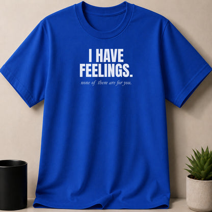 Blue t-shirt with white text "I HAVE FEELINGS. none of them are for you."