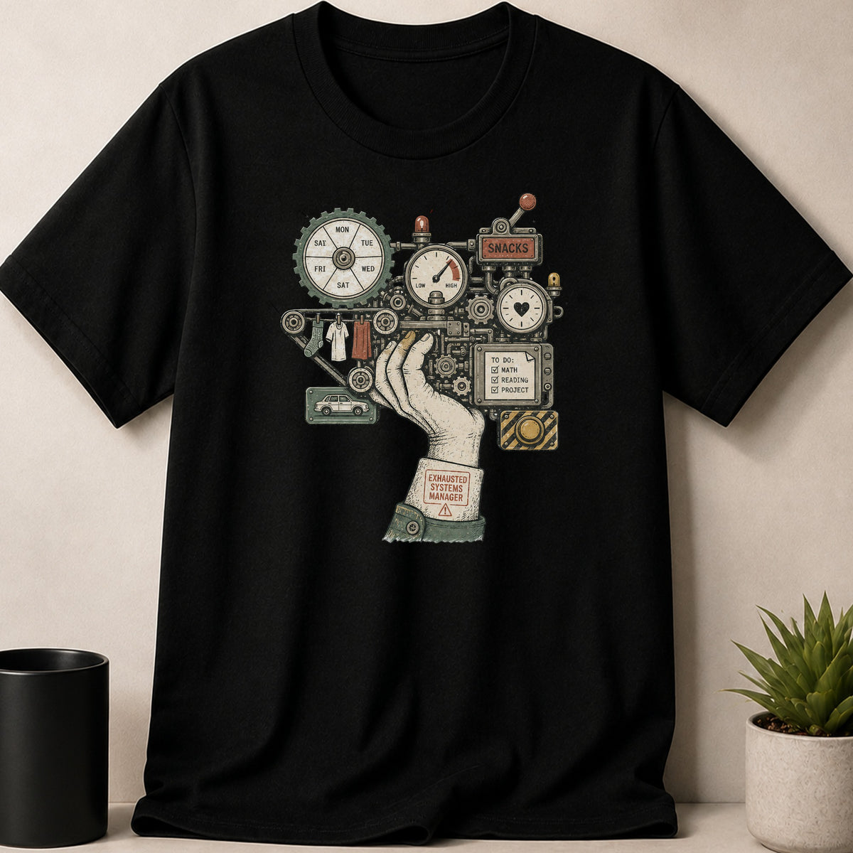 Graphic of a mechanical contraption on a black shirt, featuring a clock, calendar, and "Exhausted Systems Manager" label.