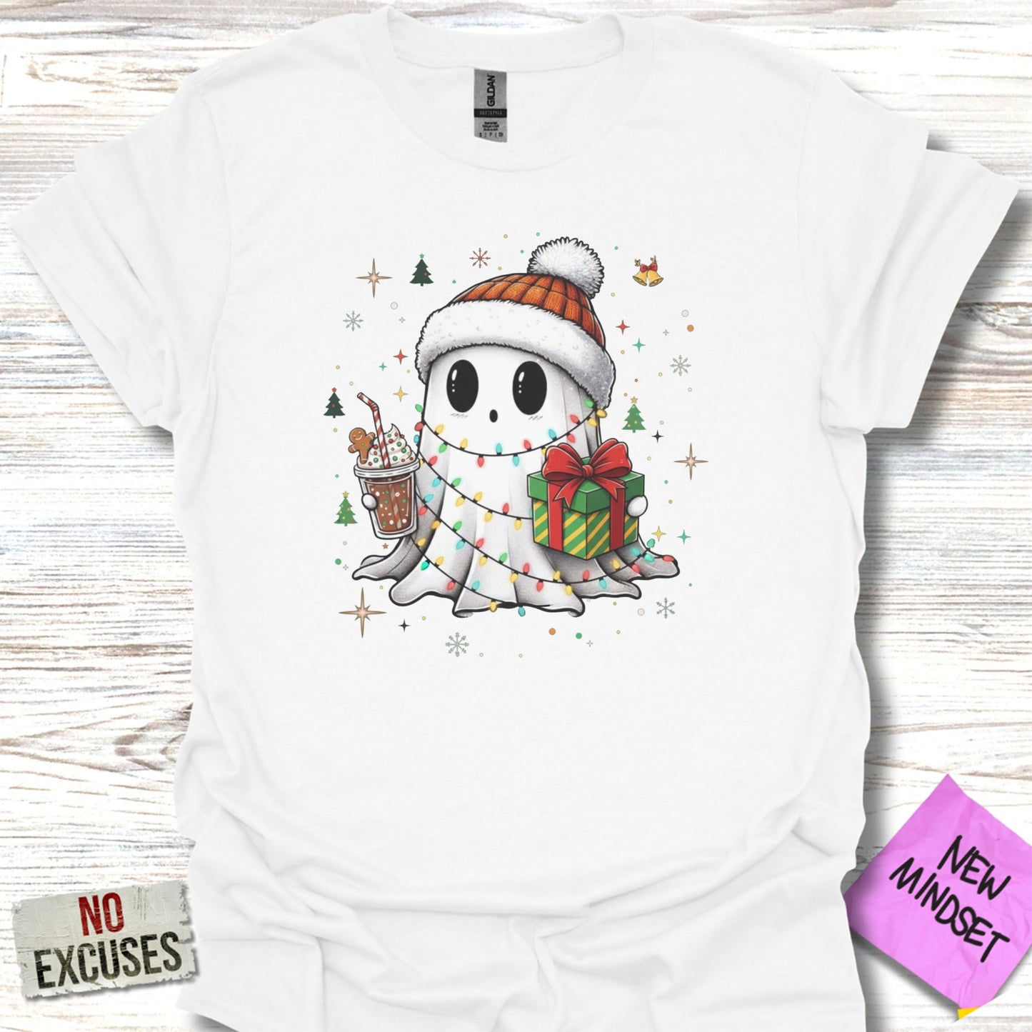 Festive Ghost Wrapped in Holiday Lights T-Shirt product type