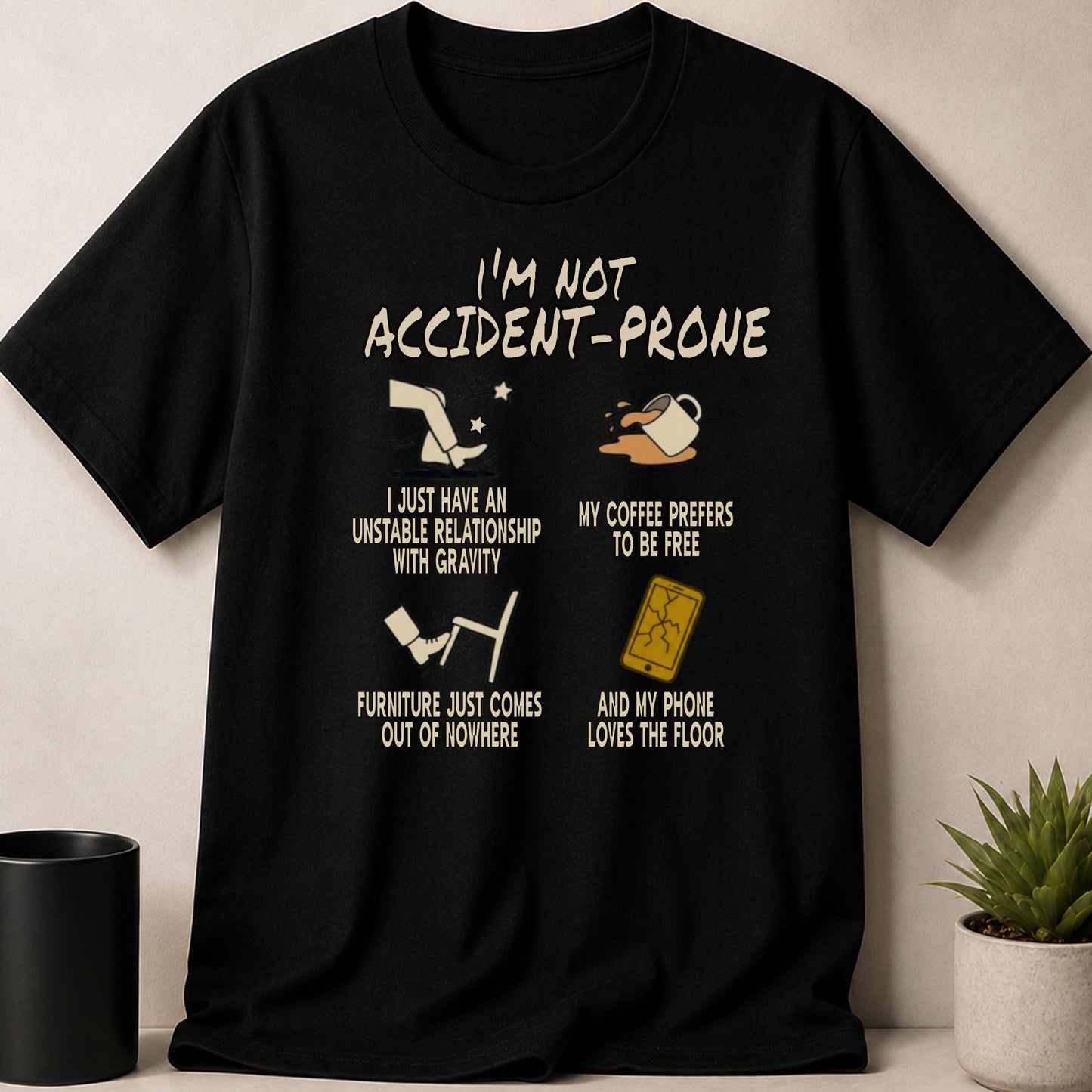 Black t-shirt with "I'm Not Accident-Prone" text and four cartoon illustrations.