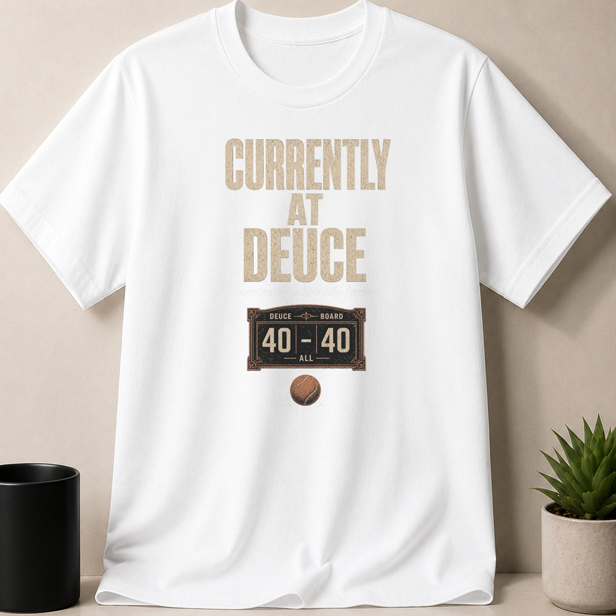White t-shirt with "CURRENTLY AT DEUCE" and a tennis scoreboard reading "40-40".