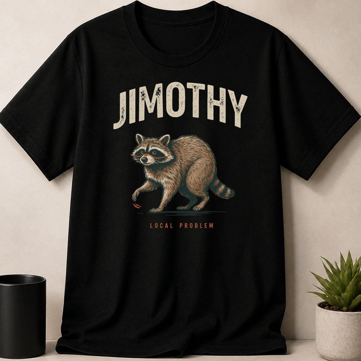 Black t-shirt with "JIMOTHY LOCAL PROBLEM" text and a raccoon graphic.