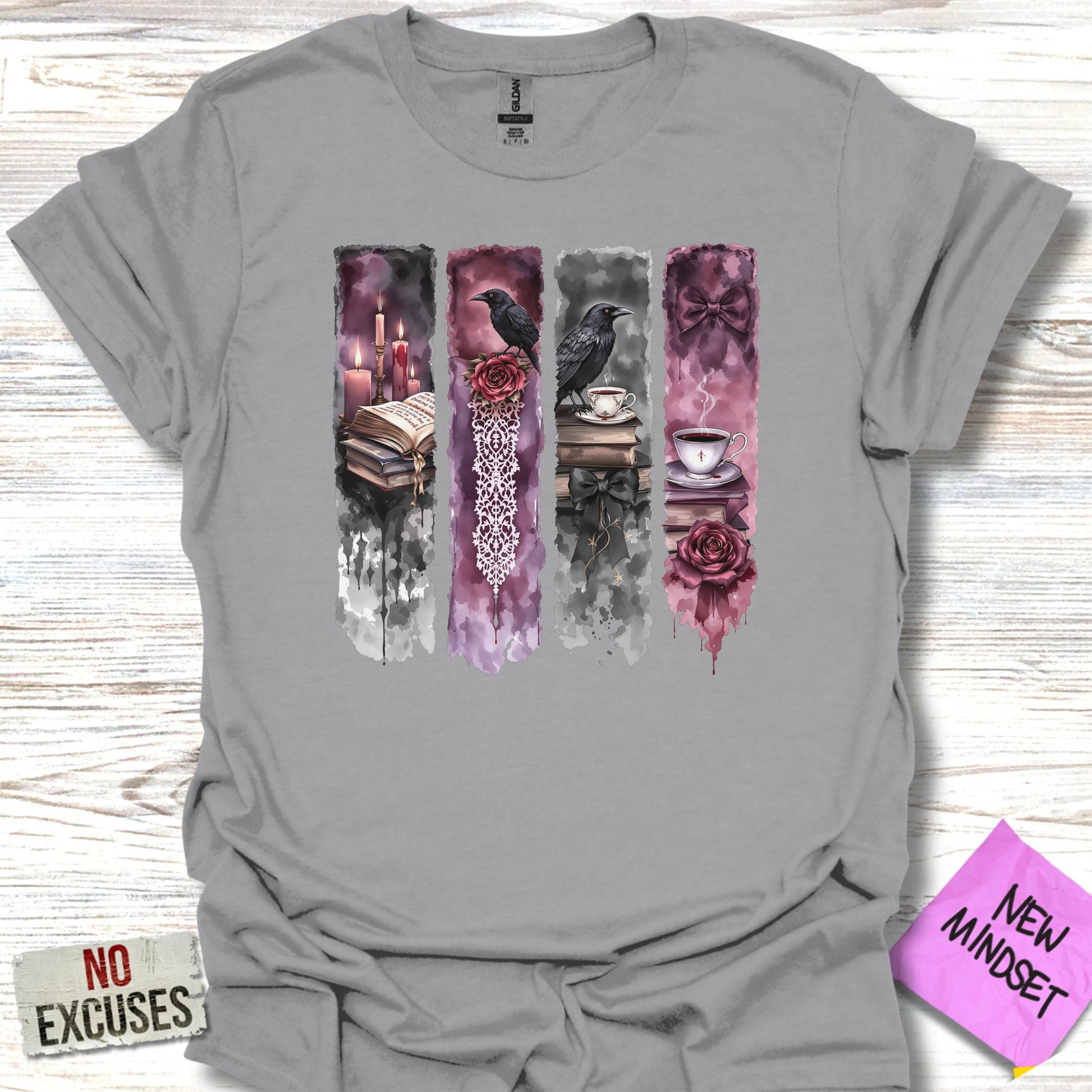 Gothic Raven Book and Rose Design Graphic T-shirt product type