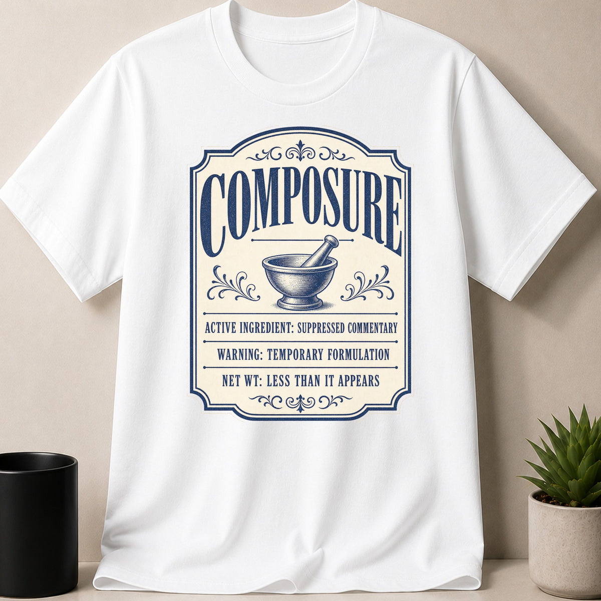 White t-shirt with "COMPOSURE" and mortar and pestle graphic.