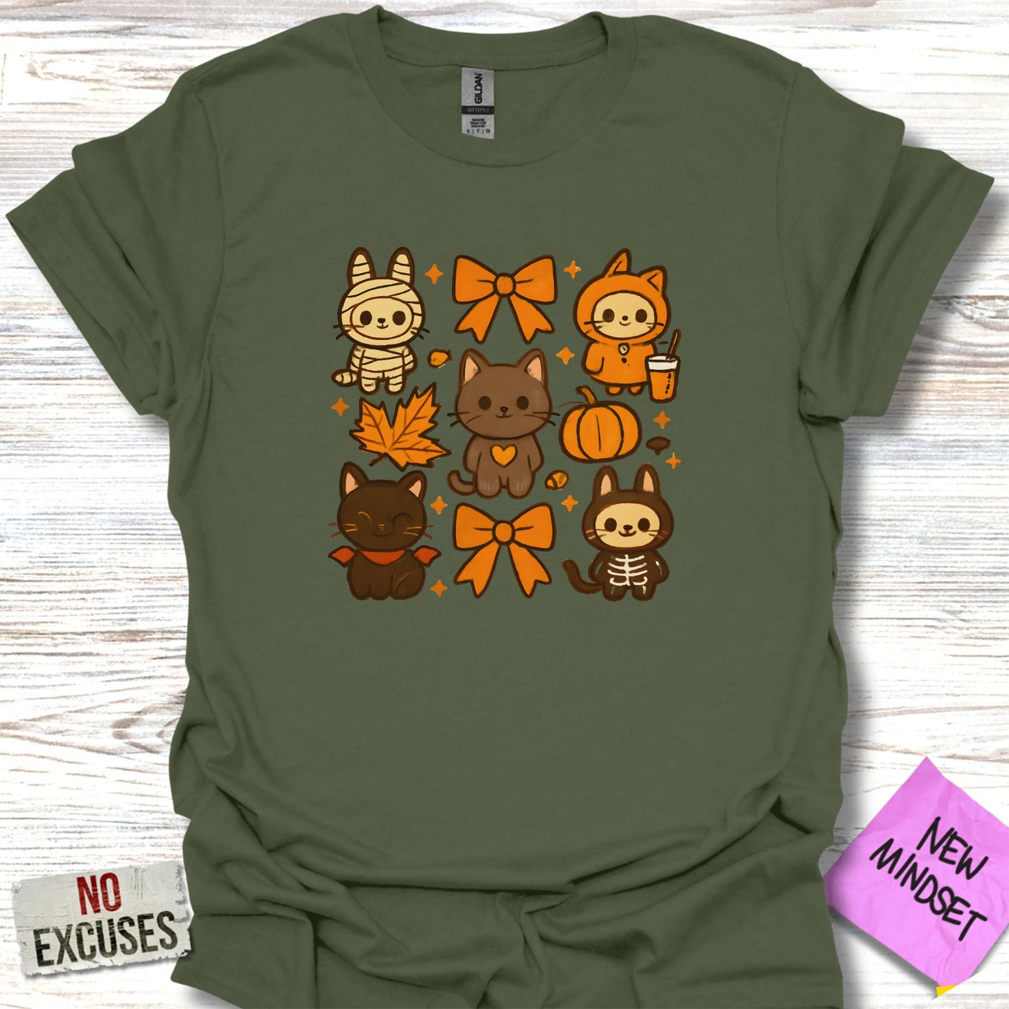 Cute Halloween Cat Graphic Olive Green T-Shirt product