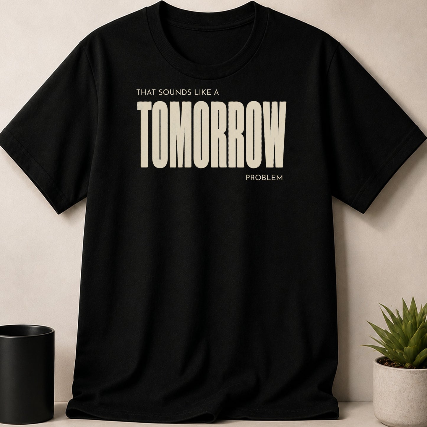 Black t-shirt with "That Sounds Like a Tomorrow Problem" text.