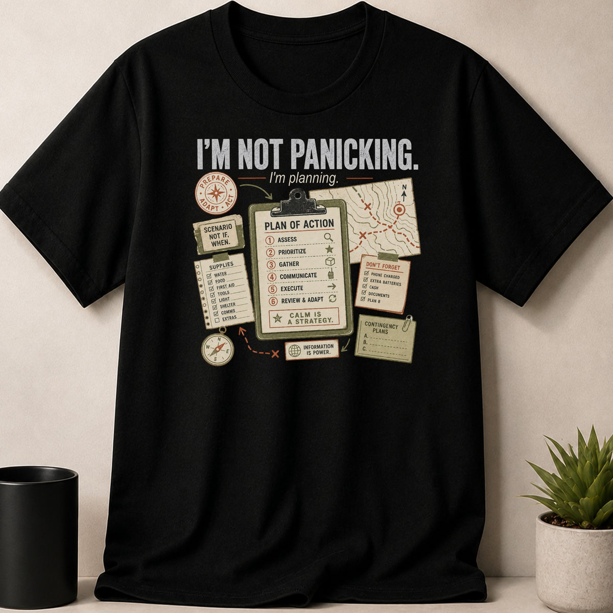 Black t-shirt with graphic "I'm not panicking. I'm planning." and detailed survival plan checklist.