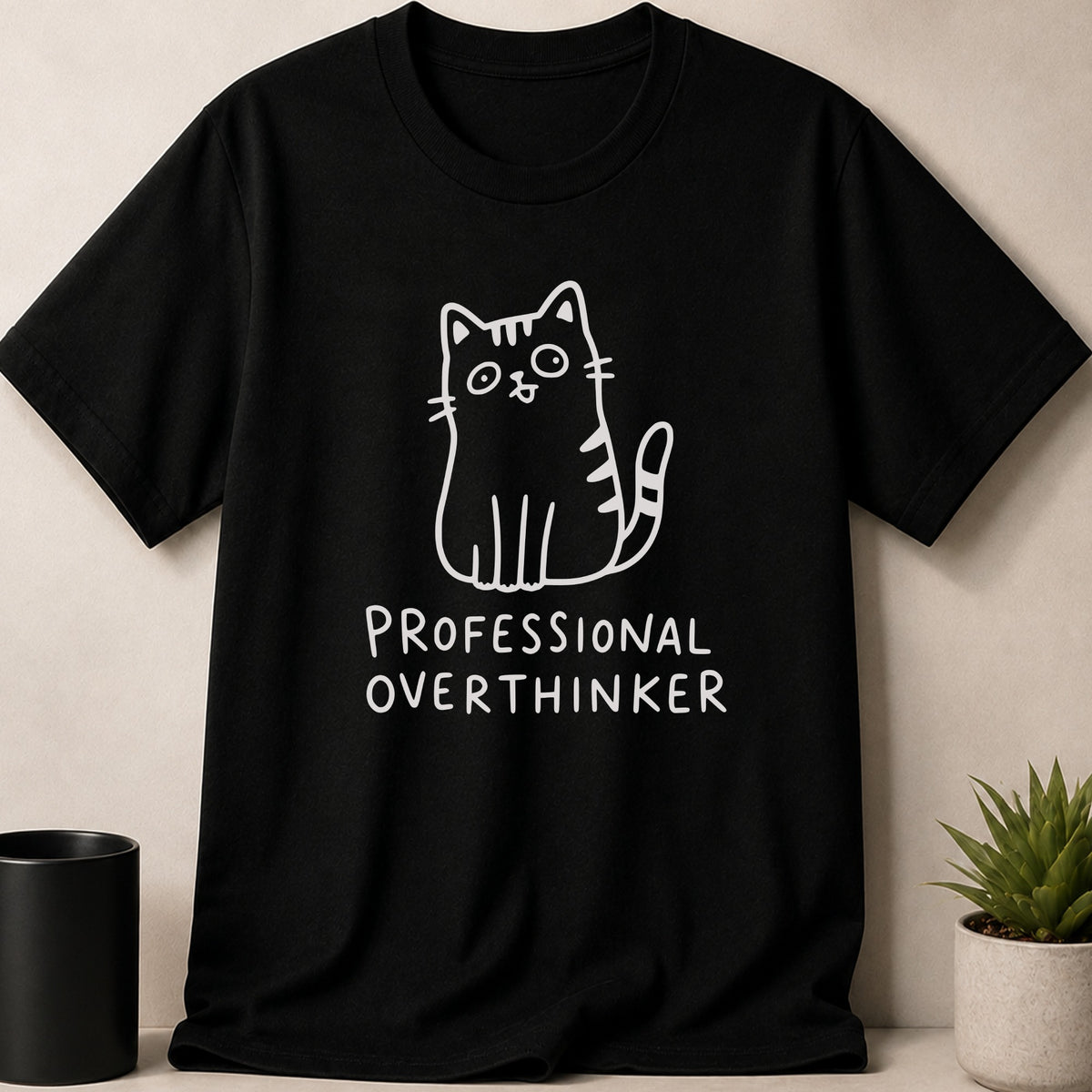 Black t-shirt with a white cartoon cat and "PROFESSIONAL OVERTHINKER" text.