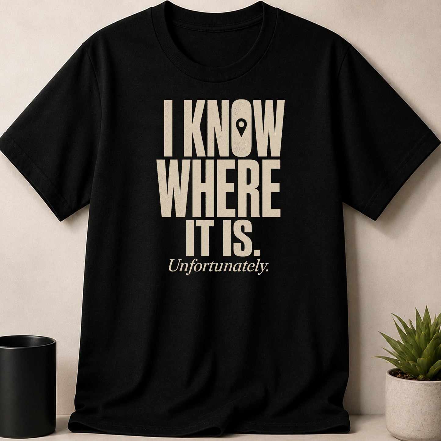 Black t-shirt with cream text reading "I KNOW WHERE IT IS. Unfortunately."