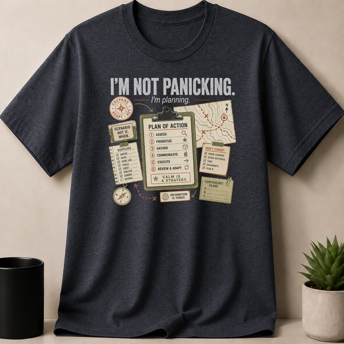 Dark t-shirt with text "I'm Not Panicking. I'm Planning." and survival plan infographics.