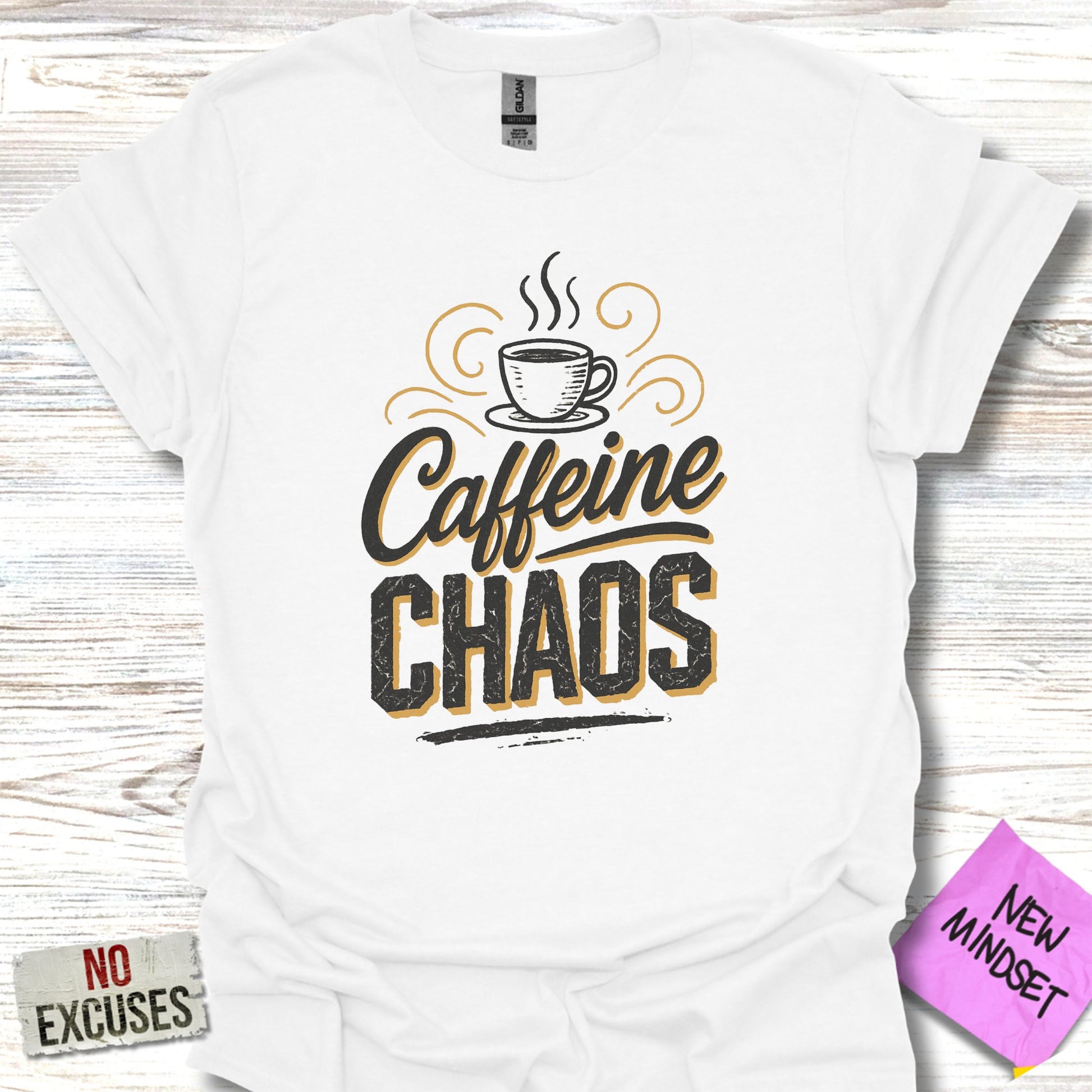 Caffeine Chaos T-Shirt with Motivational Graphics product type