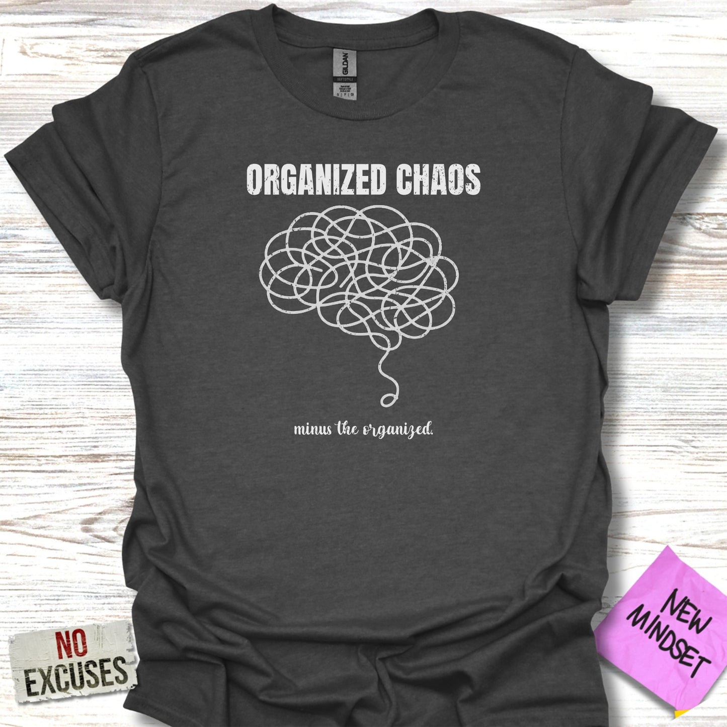 Dark t-shirt with "Organized Chaos" and a tangled brain graphic.