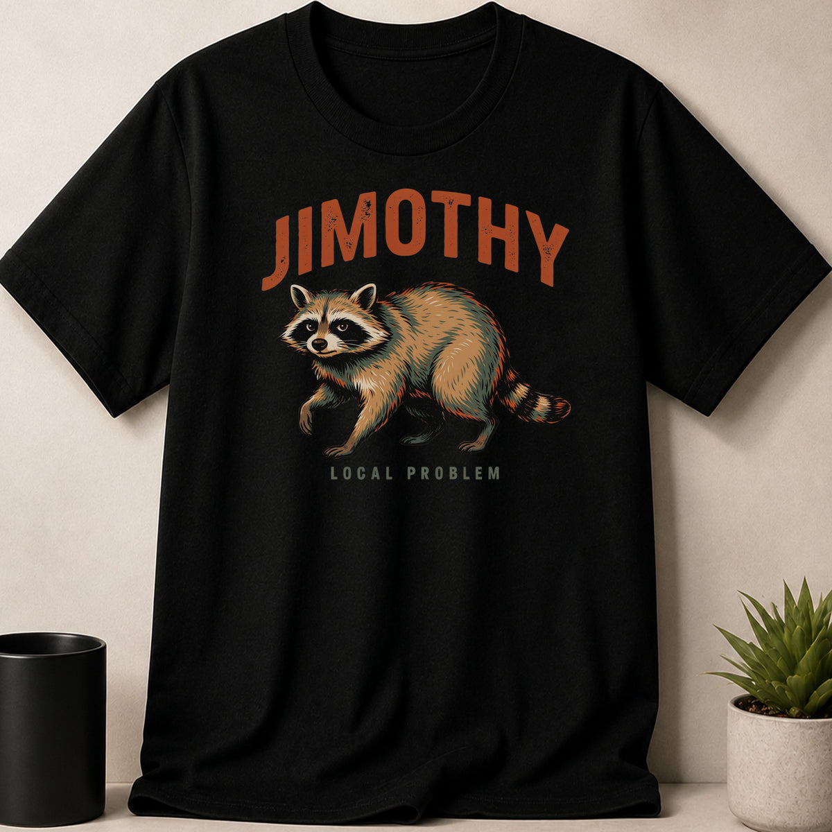 Black t-shirt with a raccoon graphic and text "JIMOTHY LOCAL PROBLEM".