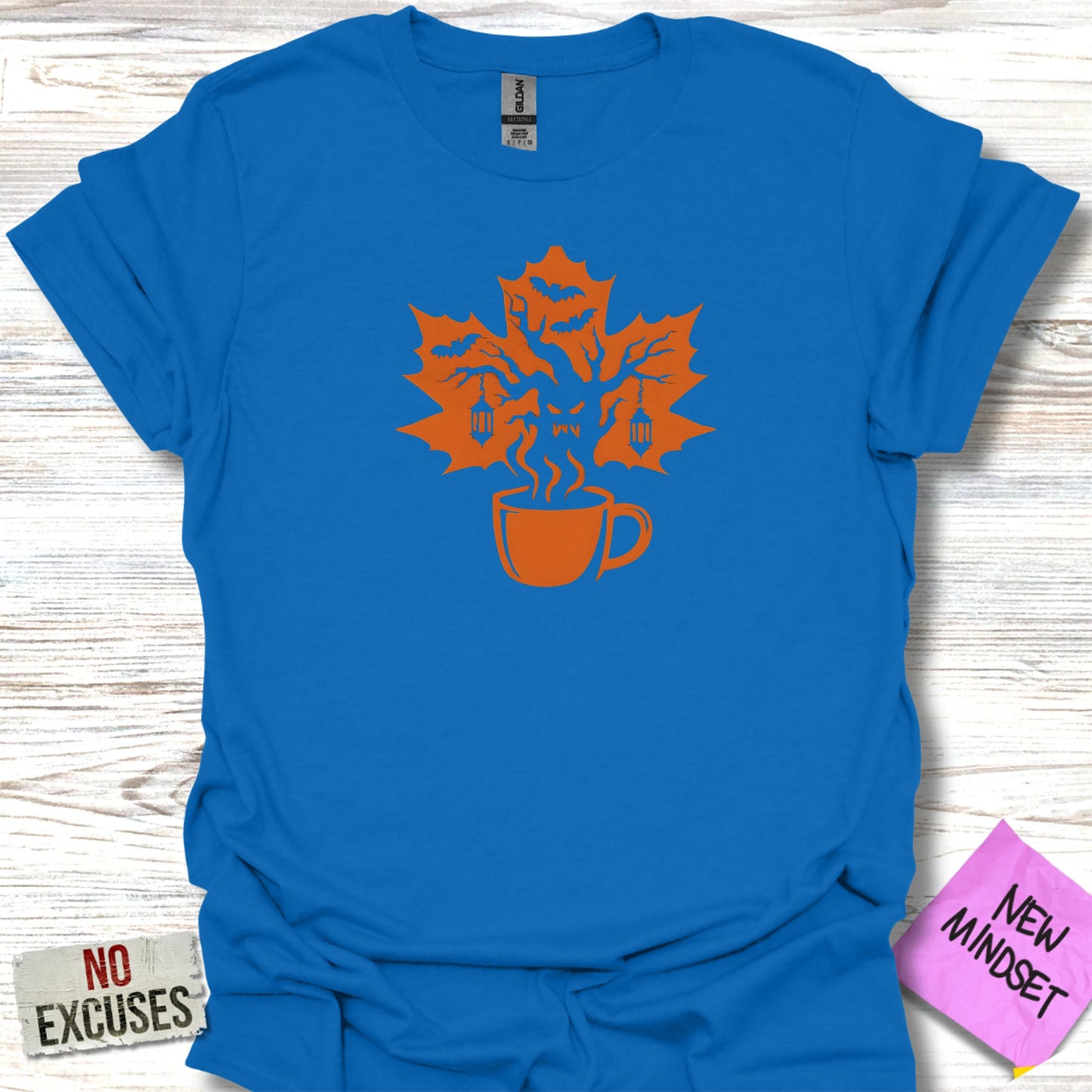 Blue Tee with Orange Maple Leaf and Coffee Cup Design product type