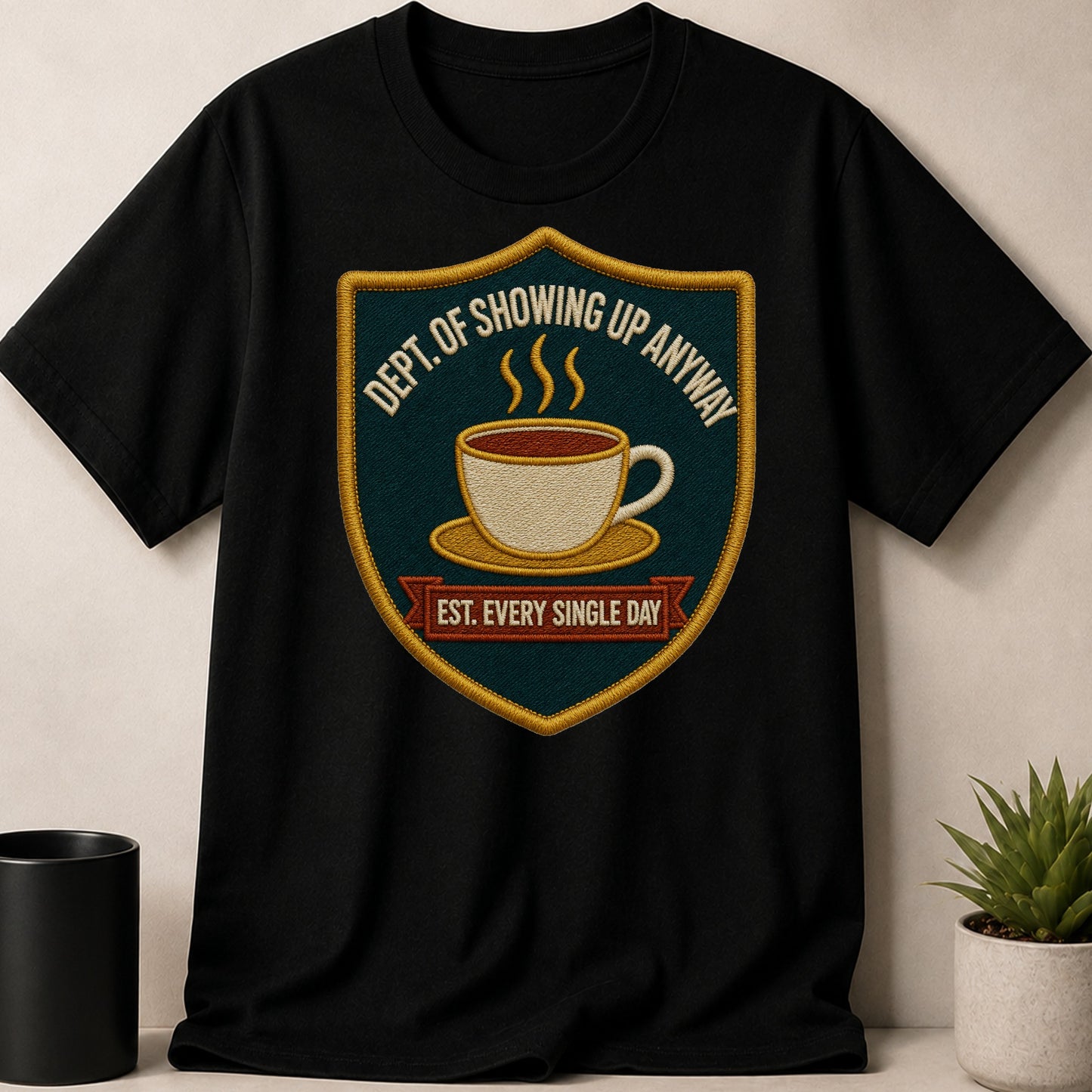 Black t-shirt with a shield patch that says "DEPT. OF SHOWING UP ANYWAY EST. EVERY SINGLE DAY".