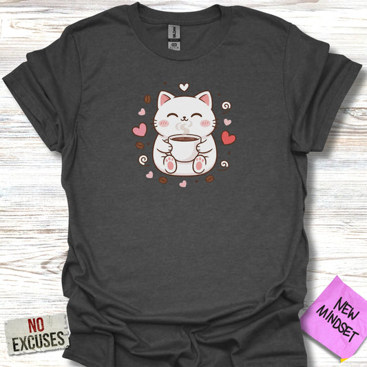 Cute Cat with Coffee Graphic Short Sleeve Shirt product