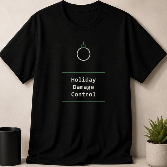 A black short-sleeved t-shirt features a minimalist graphic of an ornament and the text Holiday Damage Control.