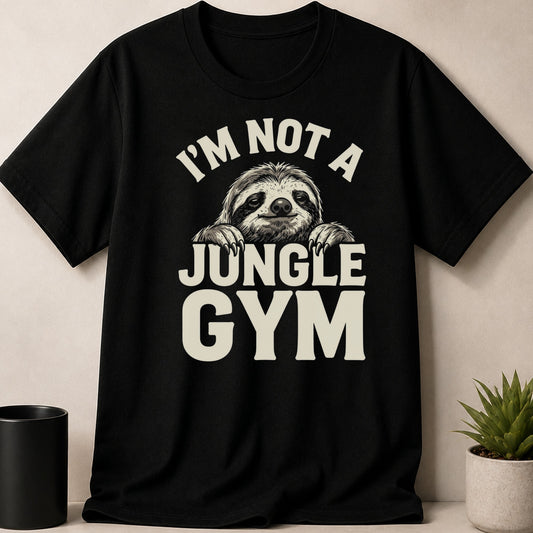 Black t-shirt featuring a graphic of a sloth and the text I'm not a jungle gym.
