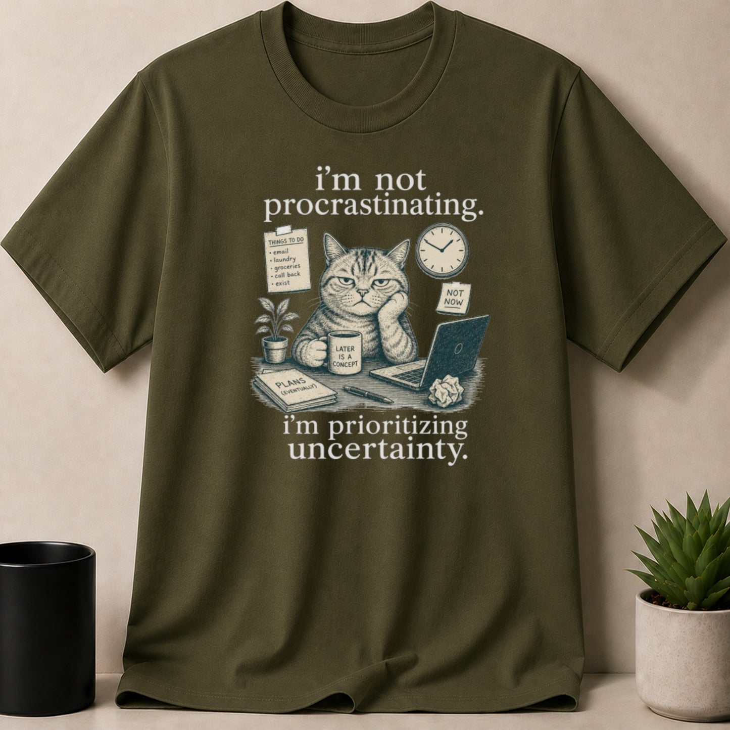 Green t-shirt with cat illustration and text "I'm not procrastinating. I'm prioritizing uncertainty."