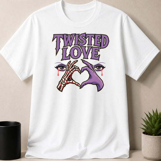 White t-shirt with "TWISTED LOVE" text and a skeleton hand and purple hand making a heart.