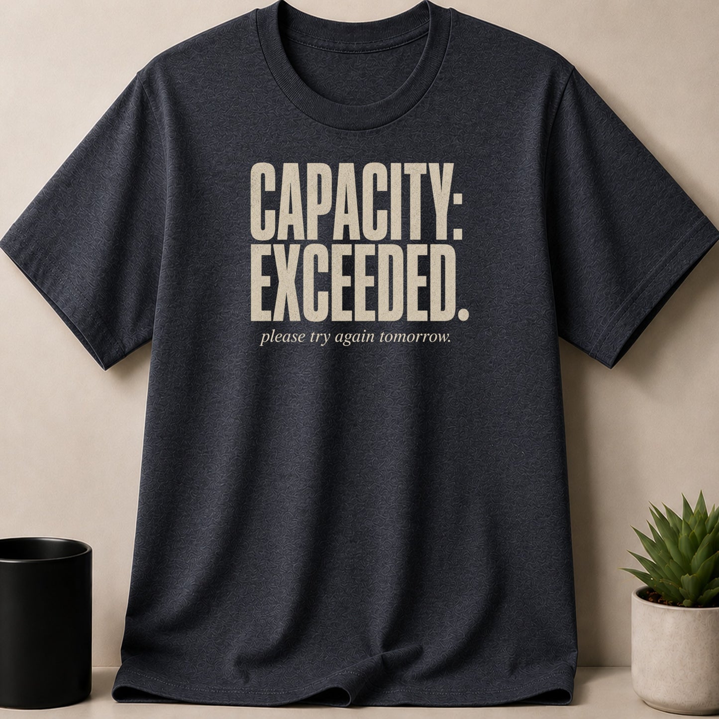 Dark gray t-shirt with "CAPACITY: EXCEEDED. please try again tomorrow." text.