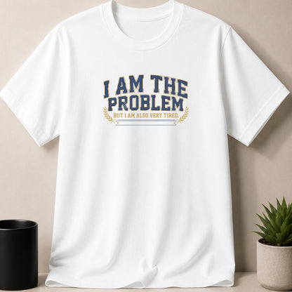 White t-shirt with text "I AM THE PROBLEM BUT I AM ALSO VERY TIRED."