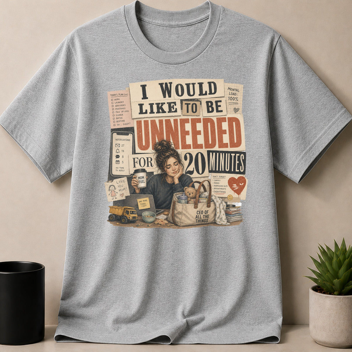 Sport Grey t-shirt — Woman with coffee dreams of being "unneeded for 20 minutes".
