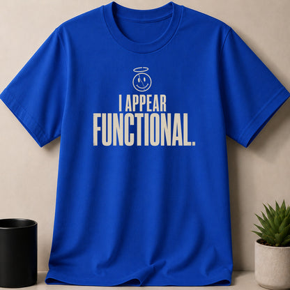 Blue t-shirt with white text and smiley face graphic.