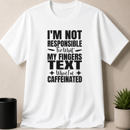 White t-shirt with black text: "I'M NOT RESPONSIBLE For What MY FINGERS TEXT When I'm CAFFEINATED"
