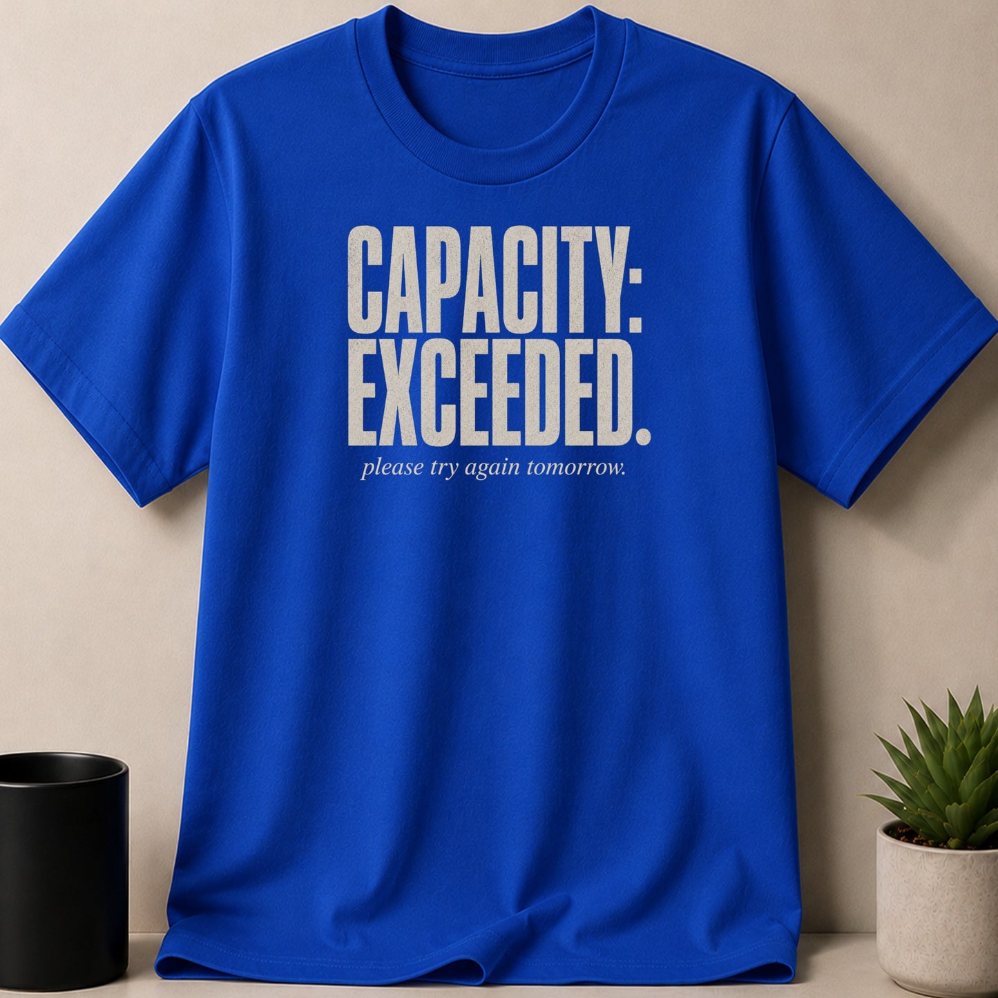 Blue t-shirt with "CAPACITY: EXCEEDED. please try again tomorrow." text.