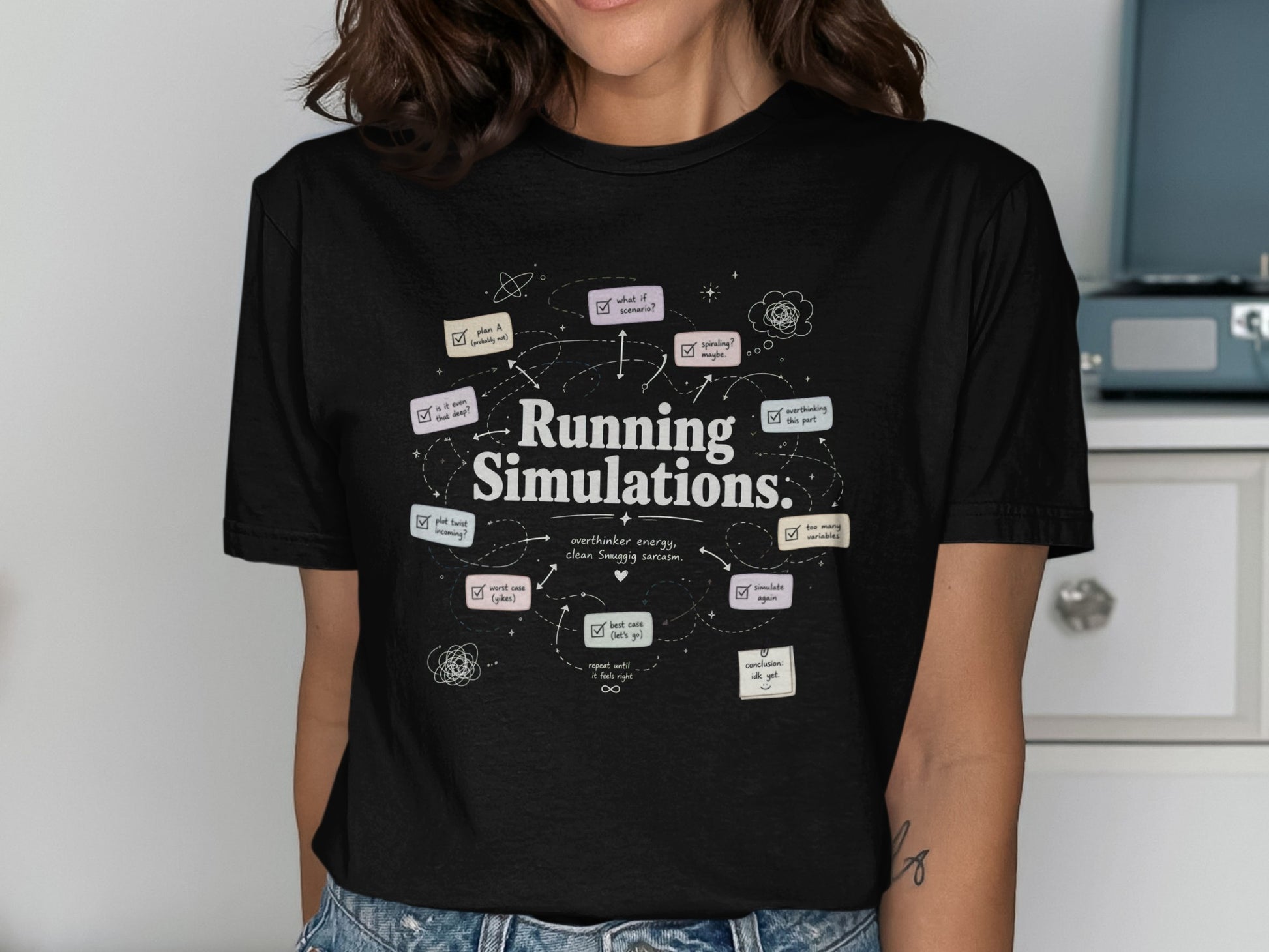 Black t-shirt with "Running Simulations" and a flowchart graphic.