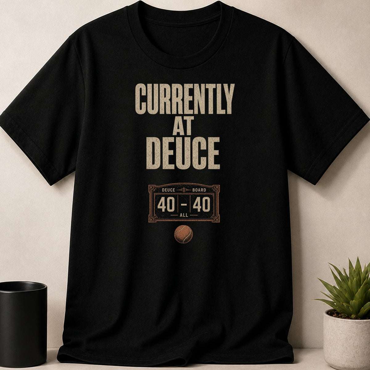 Black t-shirt with "Currently At Deuce" and tennis scoreboard.
