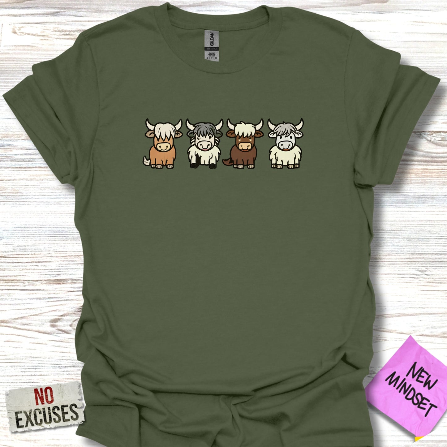 Cute Cartoon Highland Cows Olive Green Tee product